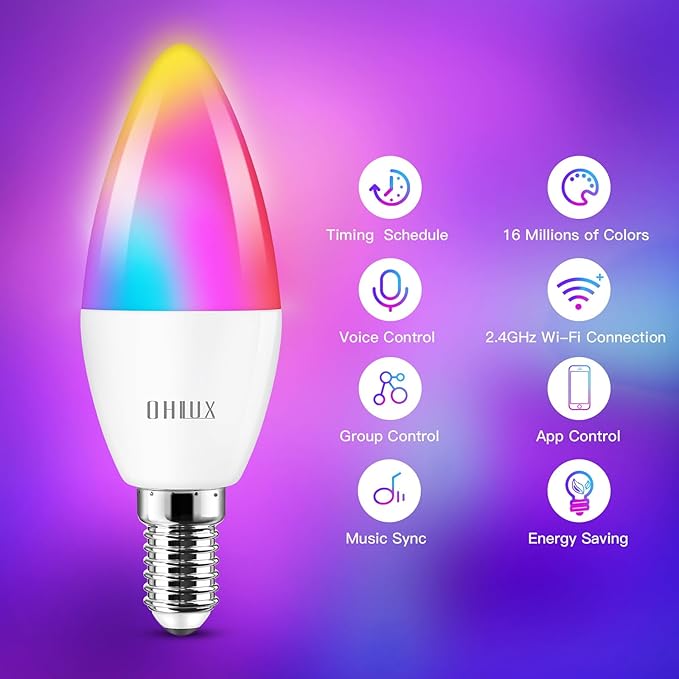 OHLUX E12 Led Bulb, Smart Candelabra Led Light Bulbs 5W 40 Watt Equivalent, Color Changing Light Bulb RGB Compatible with Alexa Google Home, Candle Small Bulbs with Voice Control, 1 Pack
