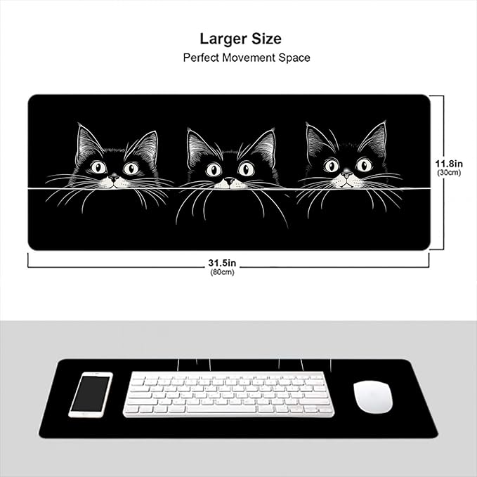 Cute Black Cat Desk Mat Anime Cartoon XL Mouse Pad Large Mousepad Extended Laptop Keyboard Mat Gaming Desk Pad Mouse Mat 31.5"x11.8" Office Computer Keyboard Laptop Home