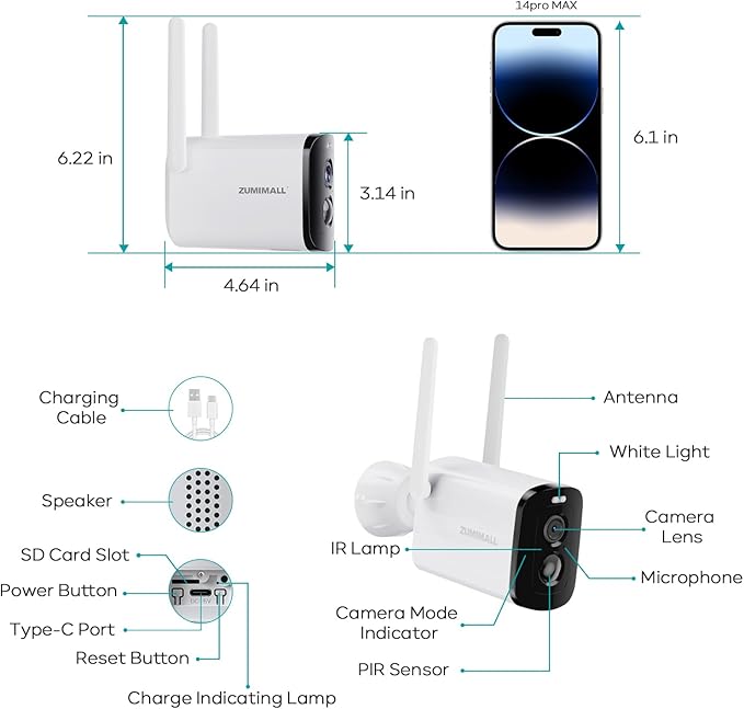ZUMIMALL Solar Security Cameras Wireless Outdoor, 2K Camera for Home Security, Front Door, Yard & Garage, No Wiring, Color Night Vision, 2.4GHz WiFi, 2-Way Talk, Spotlight & Siren, IP66/Alexa/Cloud