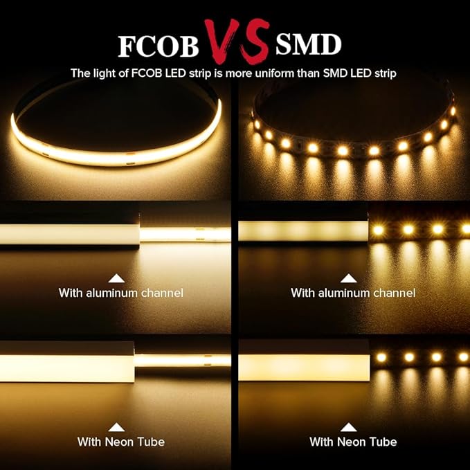 BTF-LIGHTING FCOB COB LED Strip Flexible High Density Uniform Light 9W/m 16.4FT DC12V Warm White 3000K CRI 90+ 8mm Width Dimmable LED Ribbon for Indoor Decoration(No Adapter or Controller)