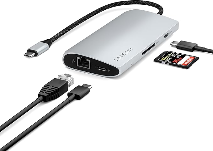 Satechi 8 in 1 USB C Hub Multiport Adapter V3, 8K HDMI, 100W Charging, 4 USB Data Ports, Ethernet, SD Card Reader, for Laptop, for Mac/Windows, MacBook Air/Pro/Neo, iPad Air/Pro - Silver