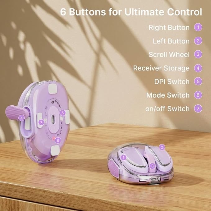 SEUNKWANG EWEADN Q9 Wireless Clear Mouse Dual Mode Bluetooth & 2.4G USB Computer Mouse with RGB Lighting, Silent Clicks, Multi-Device Compatibility for Laptop, PC, MacBook, iPad Cute Mouse-Purple