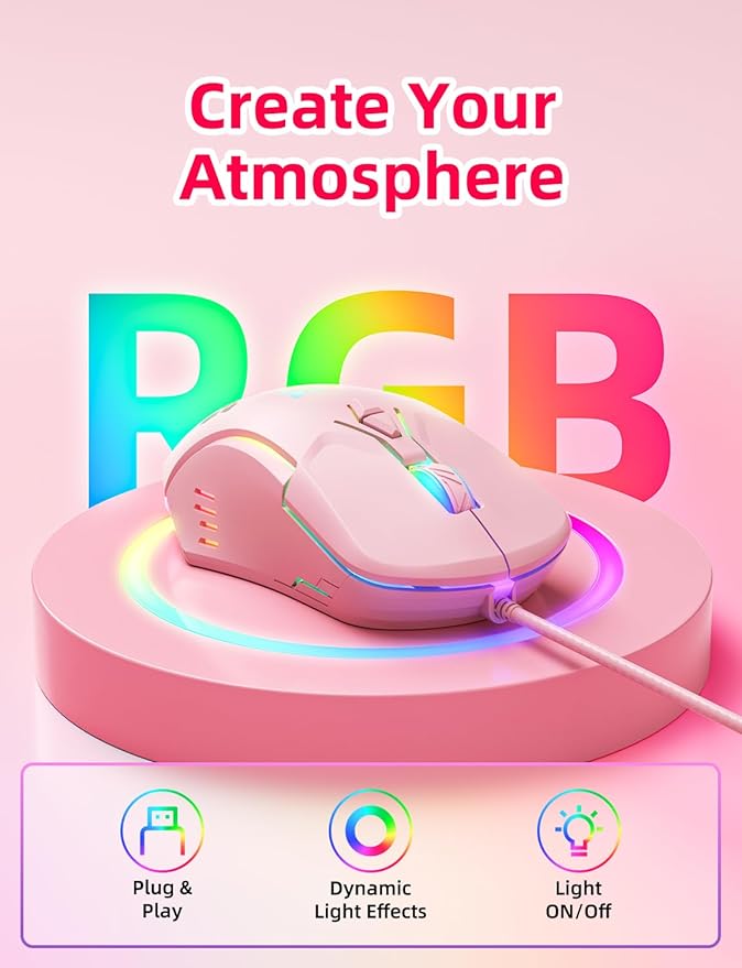 Wired PC Gaming Mouse: High Precision Sensor,RGB Backlit, Adjustable DPI, 7 Buttons Programmable,Ergonomic mice for Office & Gaming on Windows/Mac/Linux/Chrome- Pink