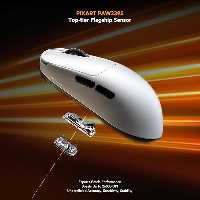 KYSONA Mercury Wireless Gaming Mouse，41g Ultalight, PAW3395 Sensor, 8K Polling Rate,26000 DPI,5 Programmable Buttons Optical Mice for PC/MAC/Laptop,White