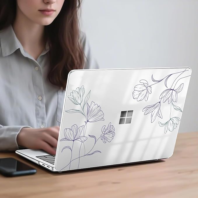 Slim Protective Case for 13 inch Microsoft Surface Laptop 2025 Copilot+PC Model 2095, Lightweight Anti-Scratch Printed Pattern Plastic Hard Shell Case Cover, Purple Line Flower