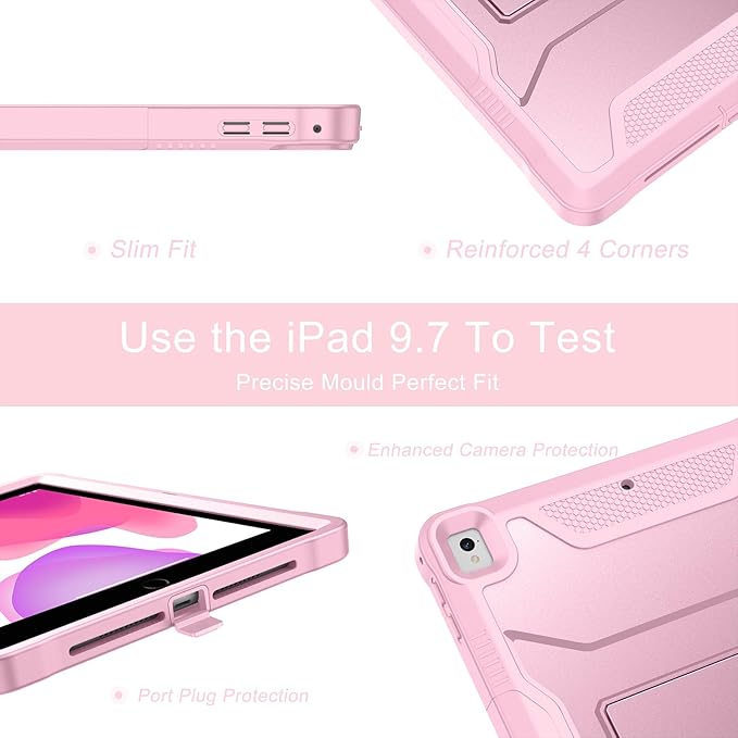 Soke Case for iPad 6th/5th Generation 9.7 Inch 2018/2017,with Built-in Screen Protector and Kickstand, Rugged Full-Body Heavy Duty Protective Cover for Apple iPad Air 2 /Pro 9.7 - Pink