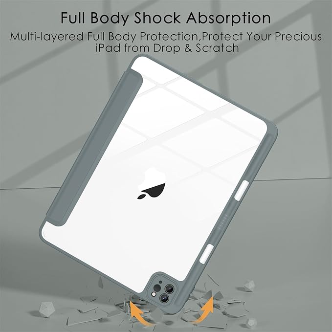 Soke Case for iPad Pro 12.9 Inch (6th/5th/4th/3rd Generation, 2022/2021/2020/2018) - Pencil Holder + Auto Sleep/Wake + Camera Protection, Transparent Shockproof Back Cover, Gray