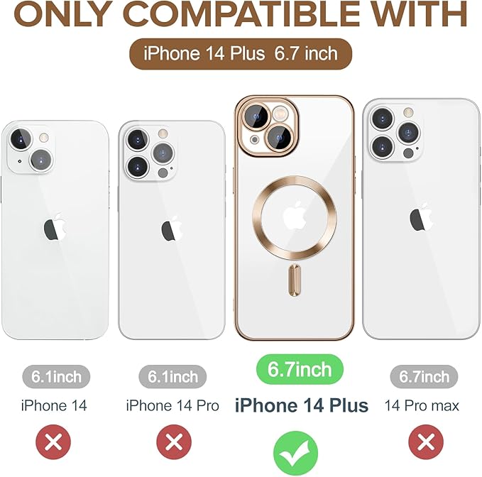 Hython Magnetic Clear for iPhone 14 Plus Case with Camera Lens Protector [Compatible with MagSafe] Luxury Plating Edge Slim Soft TPU Cover Protective Phone Case for iPhone 14 Plus 6.7", Desert Brown