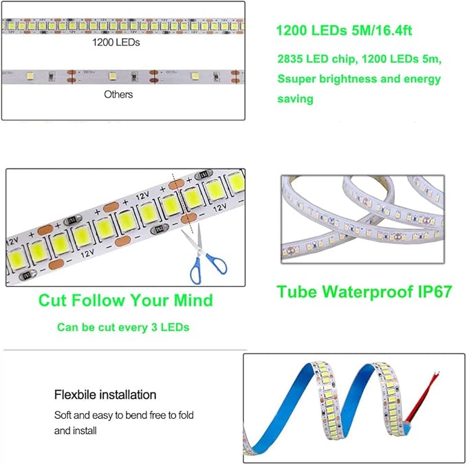 LED Strip Lights, SMD 2835 LED Strip, DC12V 1200LEDs 16.4Ft 26000LM High Density LED Light Strips Tube Waterproof IP67, 3 Times Brightness Than SMD3528 LED Strip, Blue