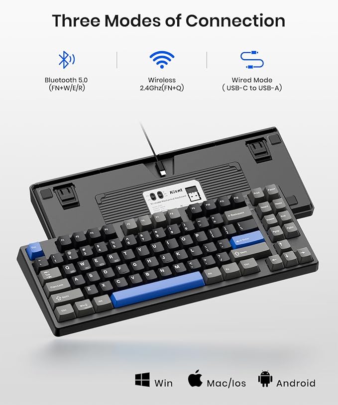 Kisnt KN85 Wireless Mechanical Gaming Keyboard, 75% Layout with RGB Backlit, Custom Hot Swappable, Creamy Sound, Bluetooth/2.4GHz/USB-C Compatible with Windows/Mac/PC (Textured Black,Linear Switch)
