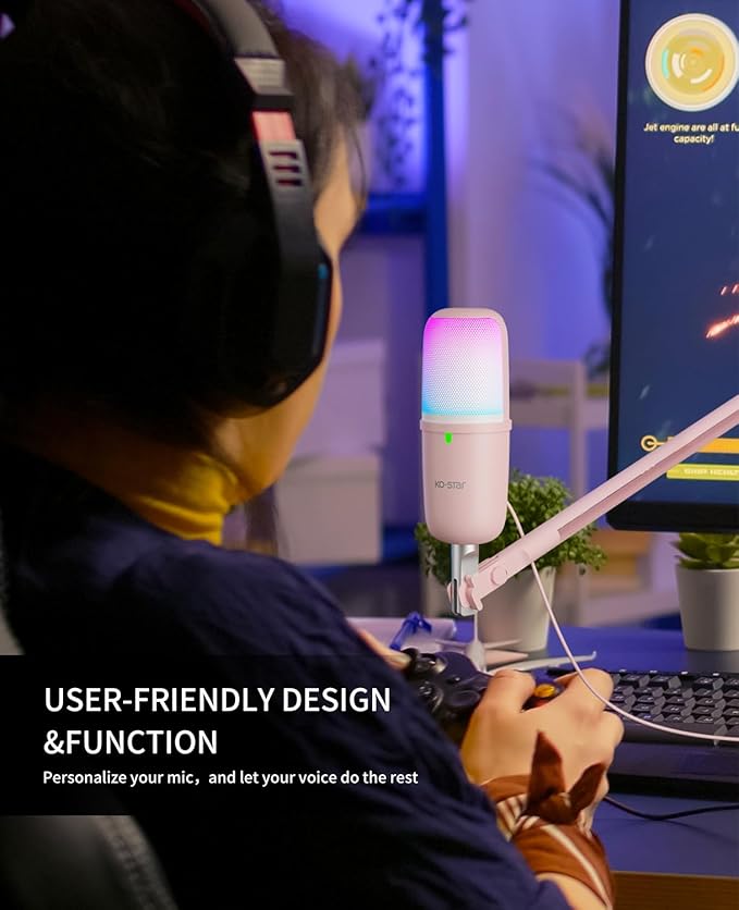 USB Streaming Gaming Microphone, PC Condenser Desktop Mic for Video, Home use, YouTube, with RGB Control, Gain Knob, 3.5mm Headphone Jack, Shock Mount, on Computer/PS5 - Pink