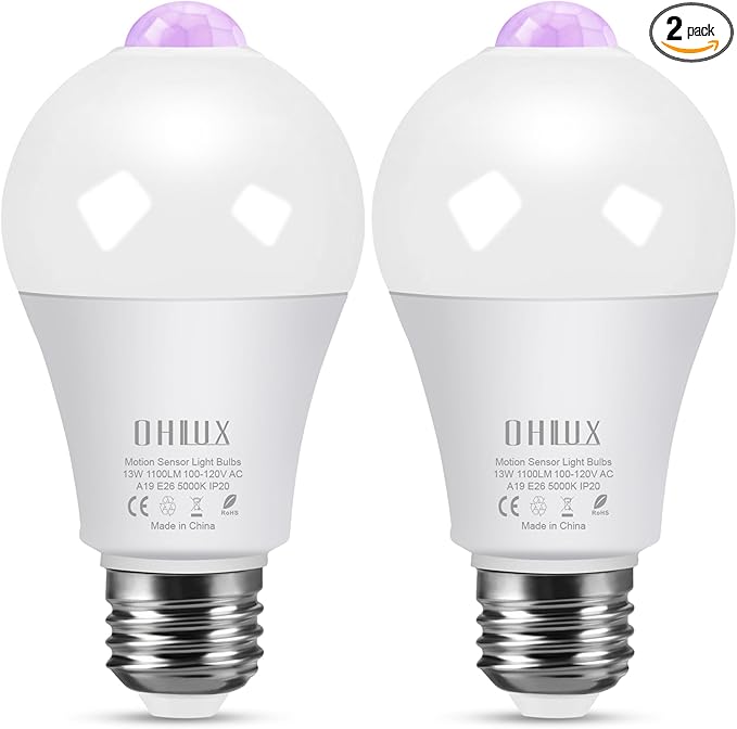Motion Sensor LED Light Bulbs Outdoor, 13W(100W Equivalent) Dusk to Dawn Sensor Bulb PIR Infrared Motion Activated 5000K E26 A19 Auto On Security Bulb for Porch Stairs Hallway Garage Lighting 2 Pack