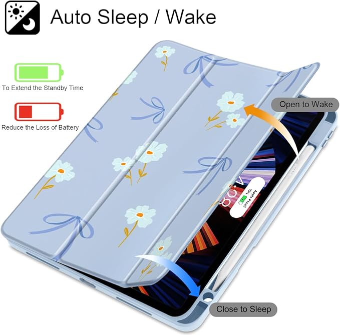 Mektron Case for iPad Pro 11 inch Case M2 2022 Generation 4th, Fit 2021 2020 2018 iPad Pro 11" (3rd, 2nd & 1st Gen) -Buit in Pencil Holder with Shockproof Cover Clear Shell, Blue Bows & Flowers