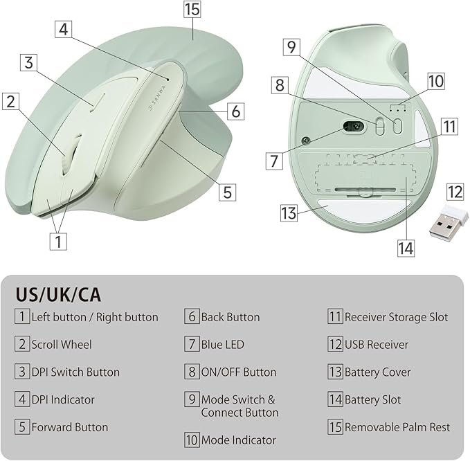 SANWA Wireless Ergonomic Mouse for Large Hands, Silent Click Vertical Mice with Removable Wrist Rest, 1000-4000 DPI, 3-Device (2.4G + 2 Bluetooth 5.4), Compatible with Mac, Windows, Laptop, PC, Green