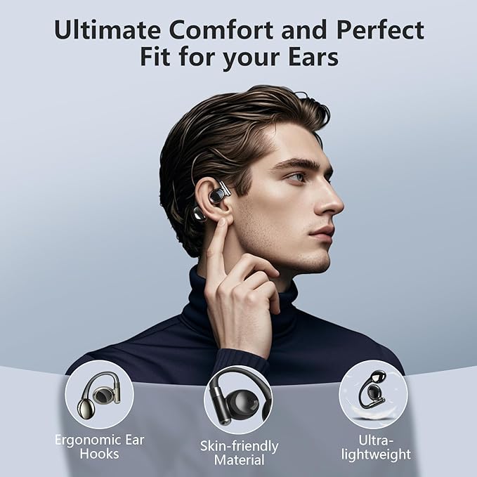 Open Earbuds True Wireless Bluetooth Earphones with Microphone, Bluetooth 5.4 Over Ear Earbuds with Earhook, 40H Playtime Ear Buds, Open Earphones Fit Sport, Running, Workout