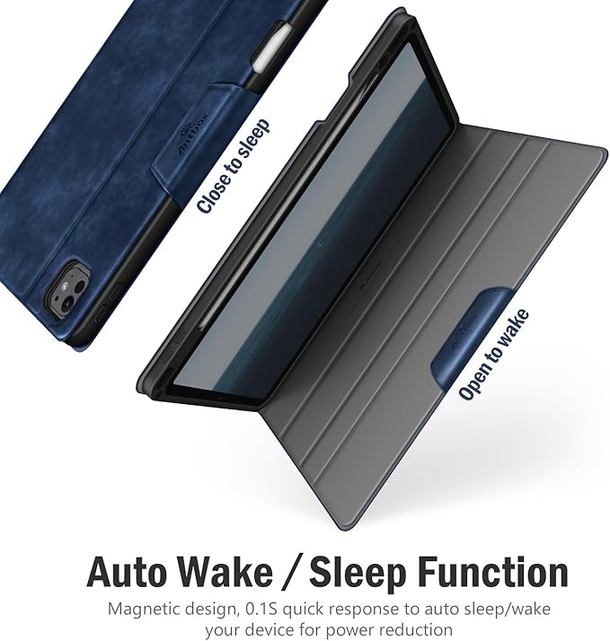 Antbox for iPad Pro 13 Inch Case M5 2025/M4 2024, Built-in Pencil Holder, Supports Pencil Pro/(USB-C), Auto Sleep/Wake, PU Leather (Blue)