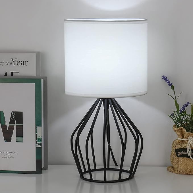 HAITRAL Modern Bedside Table Lamp - Minimalist Small Lamp with Hollowed Out Base Linen Fabric Shade,Metal Nightstand Lamp for Bedroom Living Room Side Table Desk Kids Room- Black/White