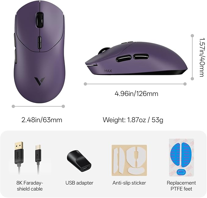 Rapoo VT2 MAX Wireless Gaming Mouse, True 8K Wireless Polling Rate, 53g Lightweight, Up to 750 Hr Battery, Nordic nRF54L15 MCU, 120-Million Optical Switch, 10 Programmable Buttons, Macro Enabled