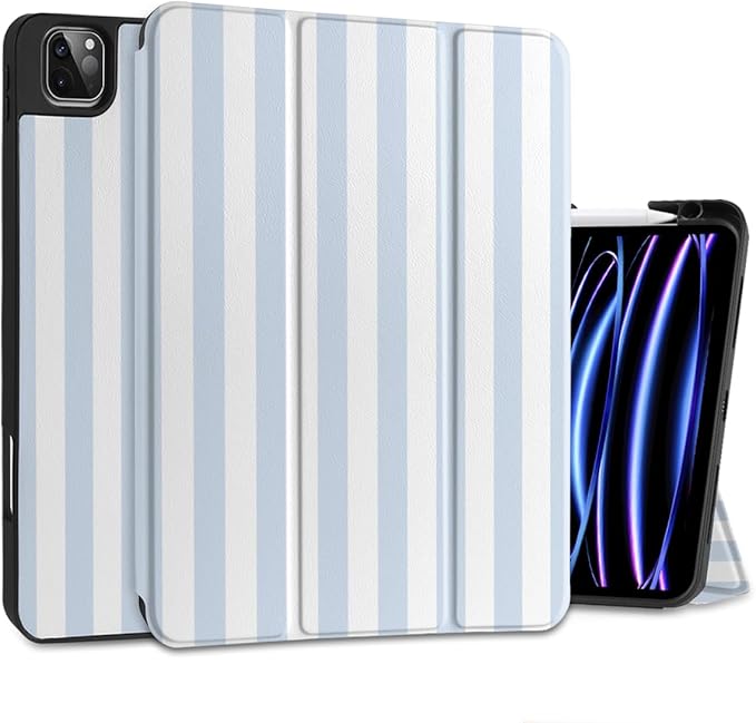 DONGKE Case for iPad Pro 12.9 inch 6th Generation 2022, Built-in Pencil Holder + Trifold Stand + Auto Wake/Sleep + Protective Cover for iPad Pro 12.9 5th/4th/3rd Gen- Blue Stripes