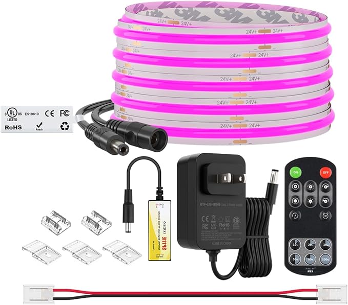 BTF-LIGHTING COB LED Strip Light 12V 16.4FT UL Listed, Purple Color Dimmable High Density Flexible Tape Light with RF Remote & ETL Power Adapter, Ultra Bright for Bedroom Kitchen Home Indoor Lighting