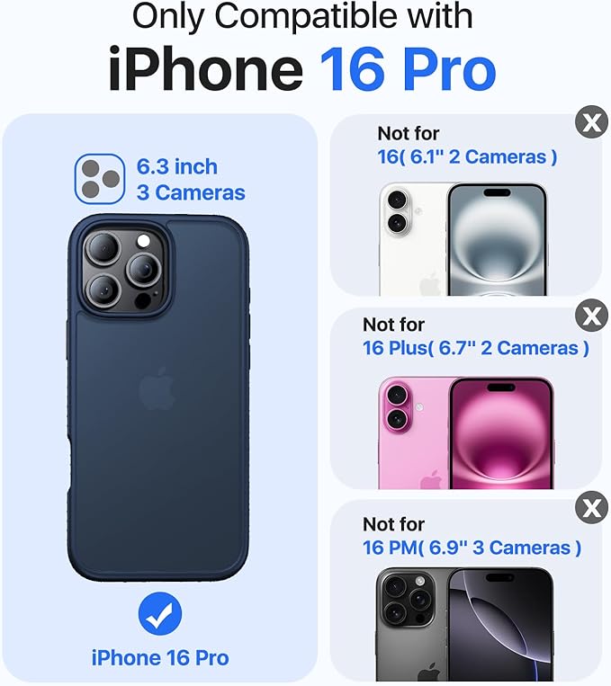 for iPhone 16 Pro Case, [Military-Grade Drop Protection][Anti-Yellowing] Shockproof Protective Translucent Matte Cover for iPhone 16 Pro Phone Case,Deep Blue