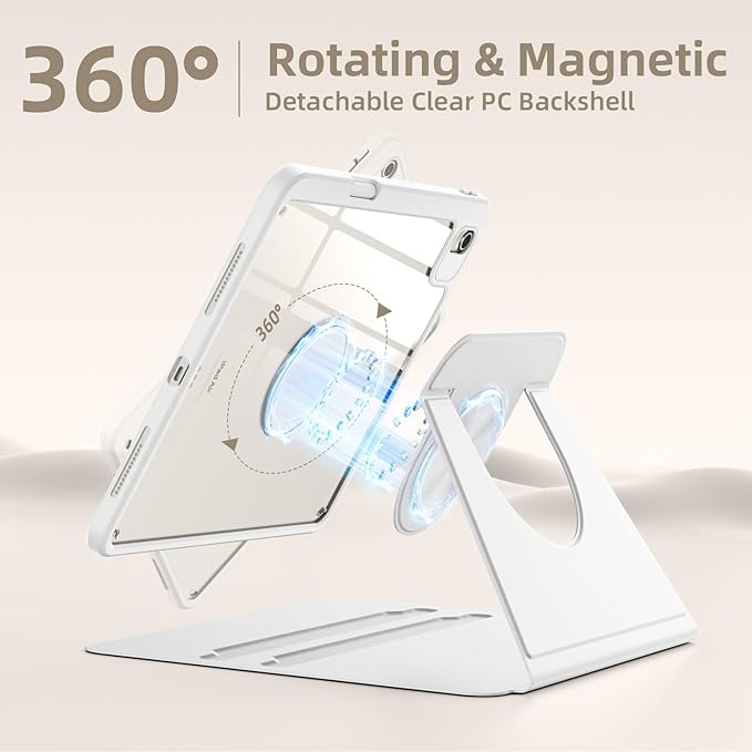 Wenlaty for iPad Air 11 inch Case (M4/M3/M2) & Air 5th/4th Gen Case 10.9 inch, for iPad Pro 11 inch 4/3/2/1 Gen, 360° Rotating Cover, Detachable Magnetic Back, Pencil Holder, Auto Sleep/Wake,White