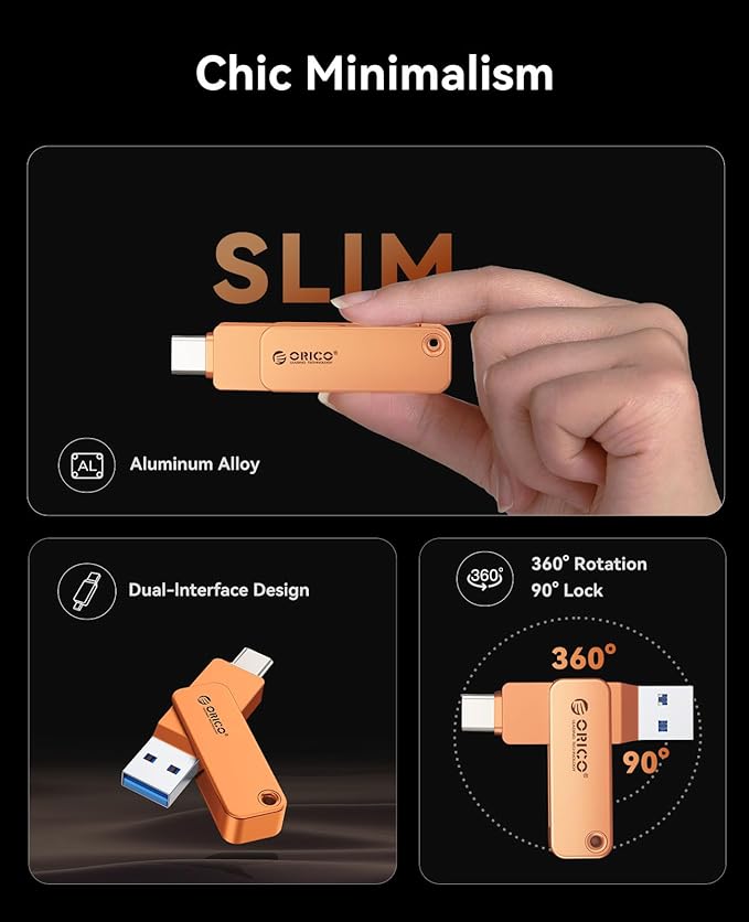 ORICO USB 3.0 Flash Drive 150MB/S Metal Housing Swivel Design Support OTG Function 2 in 1 PenDrive 64GB for USB C and USB A Devices -EB05 OR
