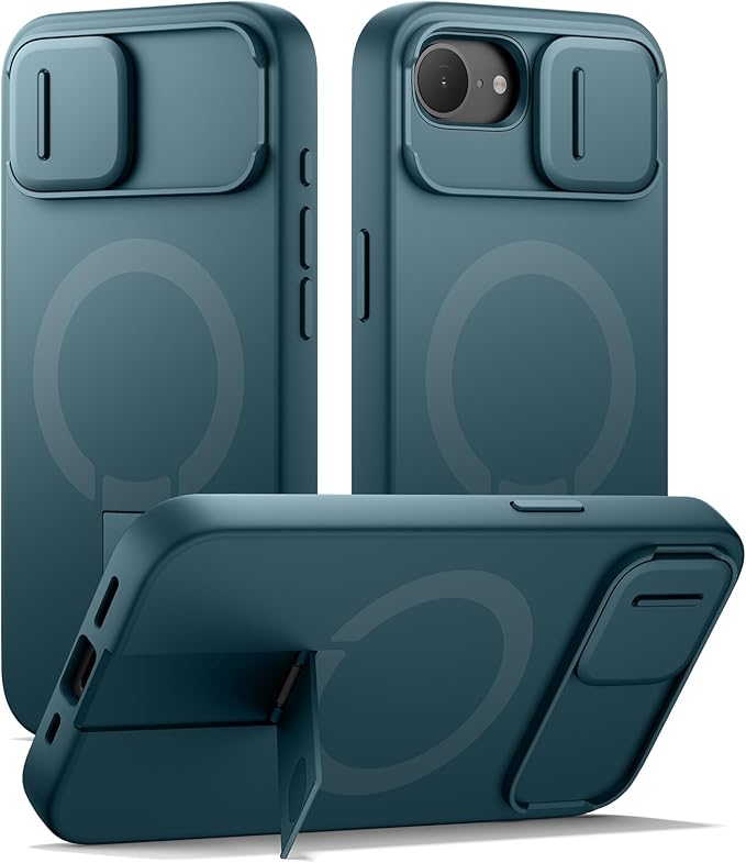 SURITCH for iPhone 17e/16e Case with Magnetic Camera Slide Cover and Adjustable Kickstand, Compatible with MagSafe, Shockproof Bumper Case Slim Protective Cover 6.1 Inch,Lake Green