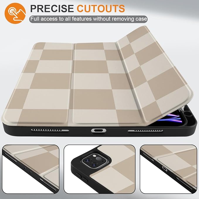 DONGKE Case for iPad Pro 12.9 inch 6th Generation 2022, Built-in Pencil Holder + Trifold Stand + Auto Wake/Sleep + Protective Cover for iPad Pro 12.9 5th/4th/3rd Gen- Beige Chessboard