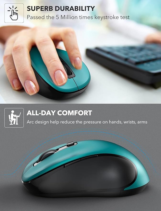 Trueque Wireless Mouse for Laptop, 2.4GHz Ergonomic Computer Mouse with Back & Forward Buttons, 3 Adjustable DPI Levels, 6 Buttons, Optical USB Cordless Mice for Windows PC, M01(Teal)