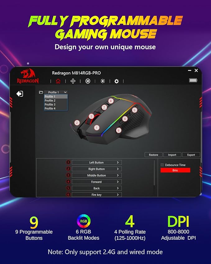 Redragon Wireless Gaming Mouse, Tri-Mode 2.4G/Bluetooth/USB-C, 7 Programmable Buttons, Tactile Rapid Fire Key, 8000 DPI RGB Ergonomic Mouse for PC Windows Gaming & Work, M814