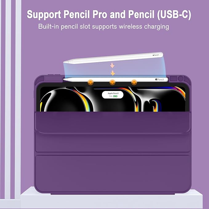ZryXal iPad Pro 11 Inch Case (M5) 2025/ (M4) 2024 (Model: A2836/A2837/A3006), Trifold Stand Smart Cover with Pencil Holder and Soft TPU Back, Auto Wake/Sleep (Dark Purple)