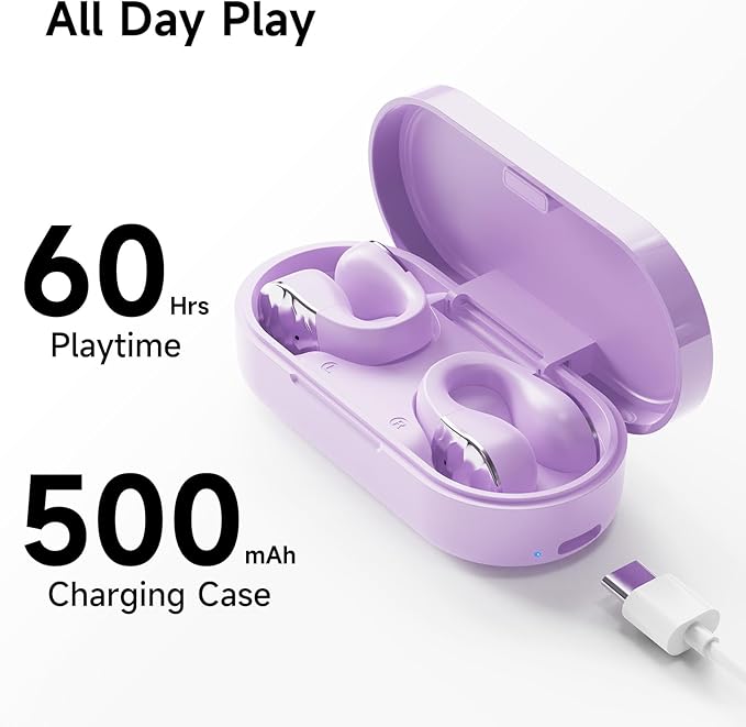aigo Open Ear Earbuds, Wireless Bluetooth Earphone, Clip on Headphones, Over The Ear Earbuds for Fitness Running Gym Workouts, Built-in Mic, Wireless Charging, Purple Headset