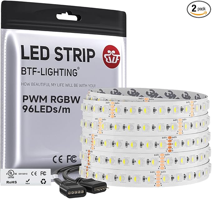 BTF-LIGHTING UL Listed RGBW LED Strip Lights,5050 4 Colors in 1 RGB + 6000K-7000K Cool White,24V DC,16.4ft/5m 96LEDs/m 12mm White PCB, IP30 for Home Decoration(No Adapter or Controller)