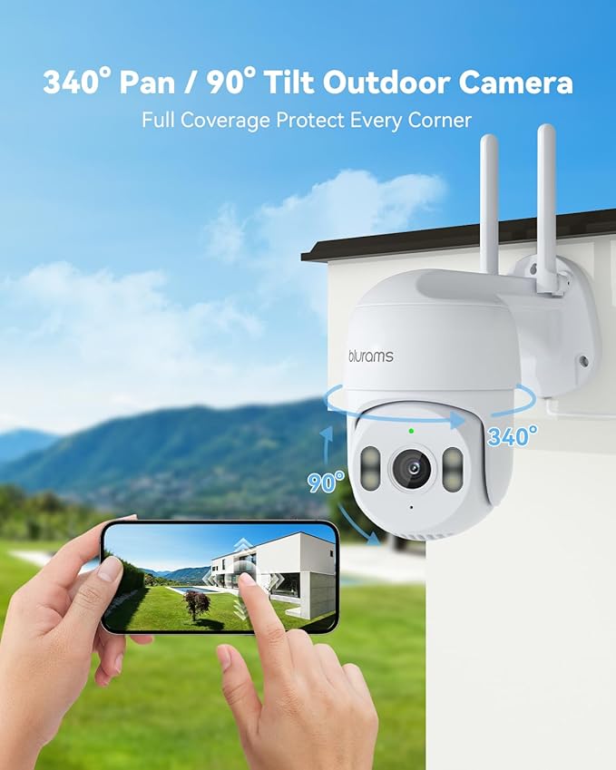 blurams 2K Security Camera Outdoor, 360° PTZ Outside Cameras for Home Security, Color Night Vision, Motion Tracking, Two-Way Audio, IP66, 2.4GHz Camera with 64GB SD Card, Compatible with Alexa