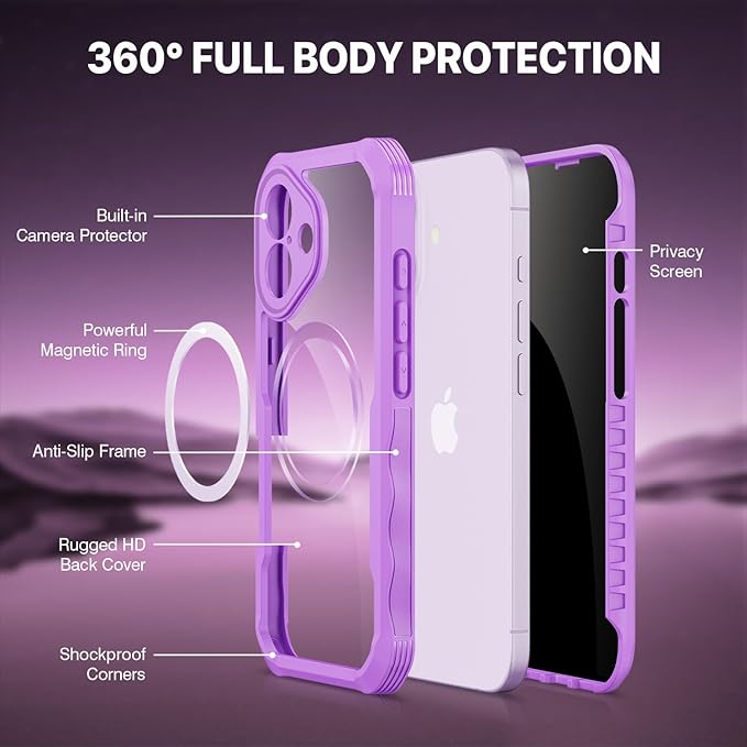 CENHUFO Magnetic Privacy for iPhone 17 Case [Compatible with Magsafe] Full Body Phone Case Built-in 9H Tempered Glass Privacy Screen Protector Camera Protection Shockproof Clear Cover -Rose Pink