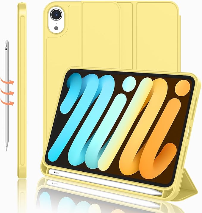 iMieet iPad mini 7 Case 2024 (A17 Pro), iPad mini 6 Case (8.3-Inch,2021 Model), iPad mini 7th/6th Generation Case with Pencil Holder, Trifold Stand Smart Case with Soft TPU Back,Yellow