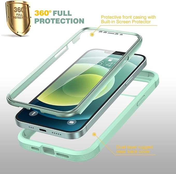 Diaclara Designed for iPhone 12/12 Pro Case, Full Body Rugged with Built-in Touch Sensitive Anti-Scratch Screen Protector, Soft TPU Bumper for iPhone 12/12 Pro 6.1" (Pistachio Green)