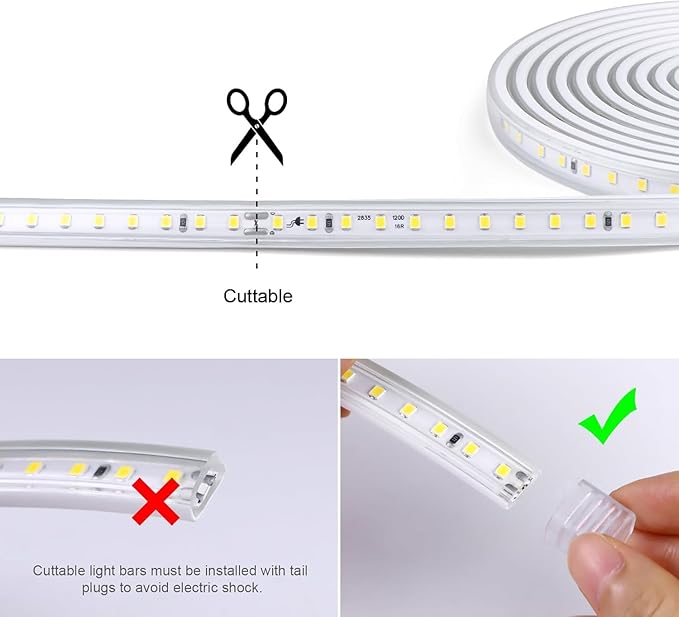 LED Strip Lights, 240 LEDs, 6500K Cool White, Waterproof Indoor & Outdoor Rope Lights for Room, Garden, Patio, Kitchen, Bedroom, Living Room, and Under Cabinet Decoration, AC 110V