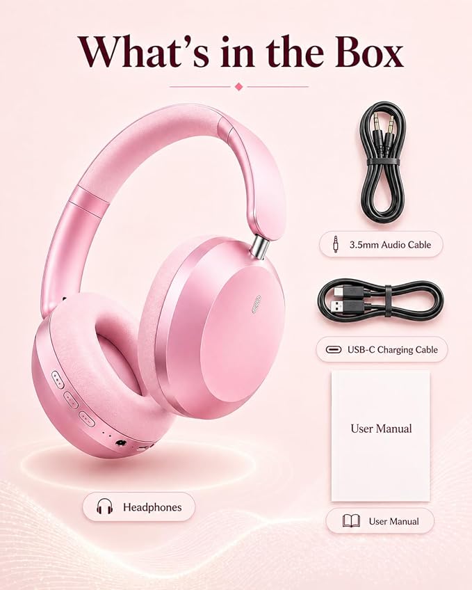 Wentronic Y05 Bluetooth Over-Ear Headphones with Active Noise Cancelling, Hi-Res Audio, 48H Playtime, Built-in Mic, Wired/Wireless, Works with iOS, Android & PC, Pink