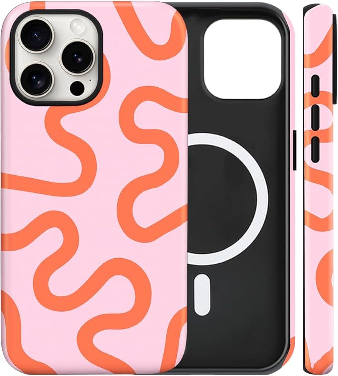 Magnetic for iPhone 14 Pro Max Case Cute Curved Stripes Phone Case, Shockproof Slim TPU and Hard PC Protective Phone Cover Compatible with MagSafe Designed for Women Girls,Pink