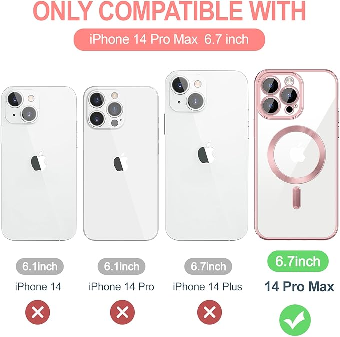 Hython Magnetic Clear for iPhone 14 Pro Max Case with Camera Lens Protector [Compatible with MagSafe] Plating Edge Slim Soft TPU Cover Protective Phone Case for iPhone 14 Pro Max 6.7", Matte Pink