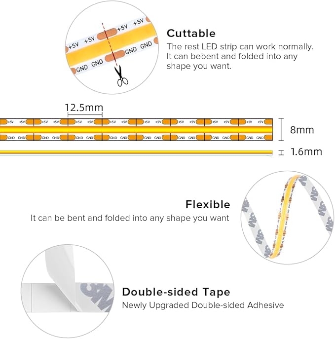 BTF-LIGHTING FCOB COB FOB LED Strip Lights 5V USB Powered 9.8FT 960LEDs Warm White 2700K 8mm Width Dimmable CRI 90+ with 3M Tape Flexible High Density for 3D Printer TV Backlight PC DIY Decor