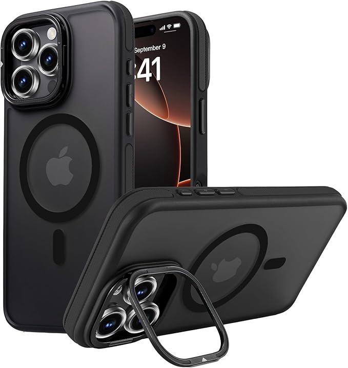 Magnetic case for iPhone 16 Pro [10Ft Military-Grade Protection] Built-in Camera Stand Phone case, Compatible with fit MagSafe Shockproof Slim Thin Cover 6.3 inch,Black Bumper Stand