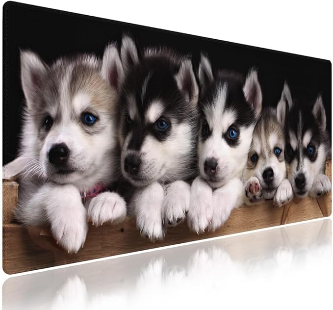 Extra Large Gaming Mouse Pad (31.5" x 11.8") with Durable Stitched Edges – Adorable Siberian Husky Puppies in Wooden Crate, Anti-Slip Rubber Base & Smooth Fabric Surface Extended XXL Desk Mat