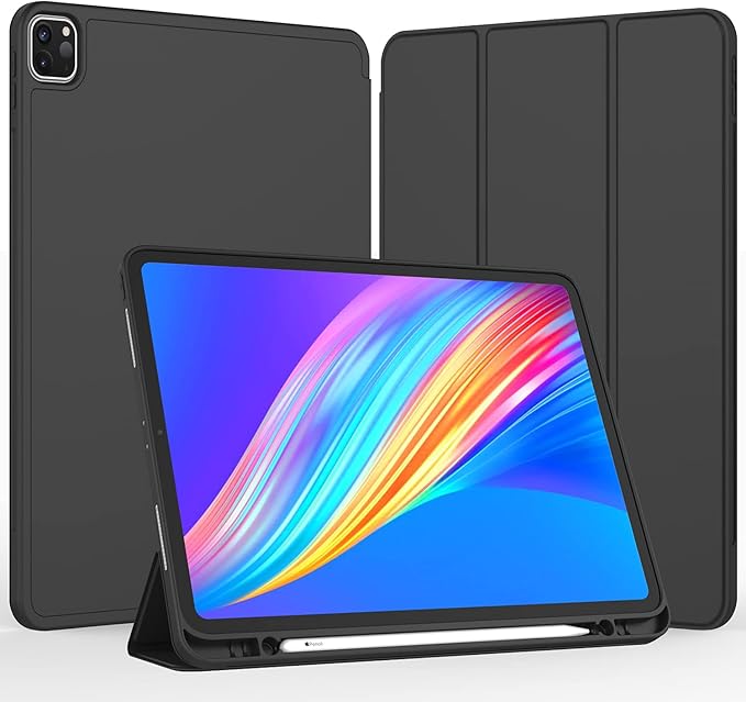 iPad Pro 12.9 Inch Case 2022/2021/2020 (6th/5th/4th Gen) with Pencil Holder [Support iPad 2nd Pencil Charging/Pair],Trifold Stand Smart Case with Soft TPU Back,Auto Wake/Sleep(Black)