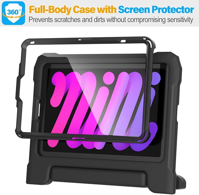SUPLIK Kids Case for iPad mini 7 (A17 Pro) 2024 & Mini 6 2021, iPad mini 6th/7th Generation Case with Screen Protector, Durable Shockproof Handle Stand Cover for 8.3-inch iPad mini 6/7 Gen, Black
