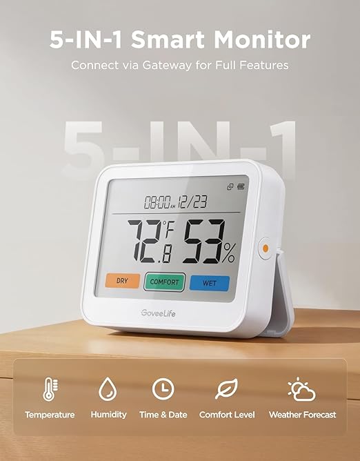 GoveeLife Bluetooth Thermometer Hygrometer, Temperature and Humidity Monitor with App Notifications, Large LCD Display, Indoor Thermometer for Home Baby Room Greenhouse 1-Pack