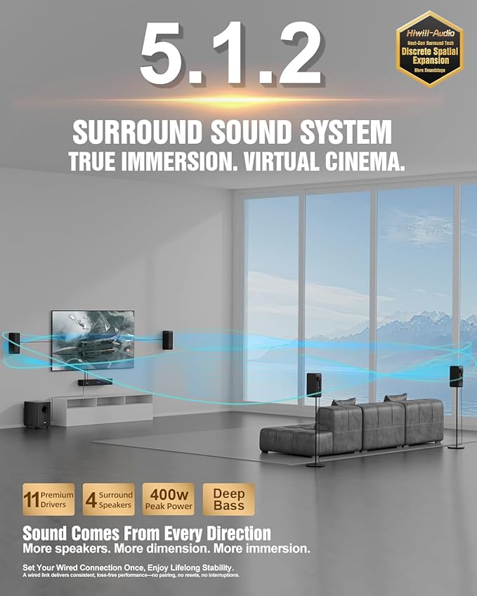 Wooden 5.1.2 Virtual Surround Sound System, 4 Surround Speakers Wired, 400W Peak Power, Sound Bars for Smart TV w/Subwoofer, 5.25'' Deep Bass, Home Theater TV System, ARC/Opt/BT/AUX