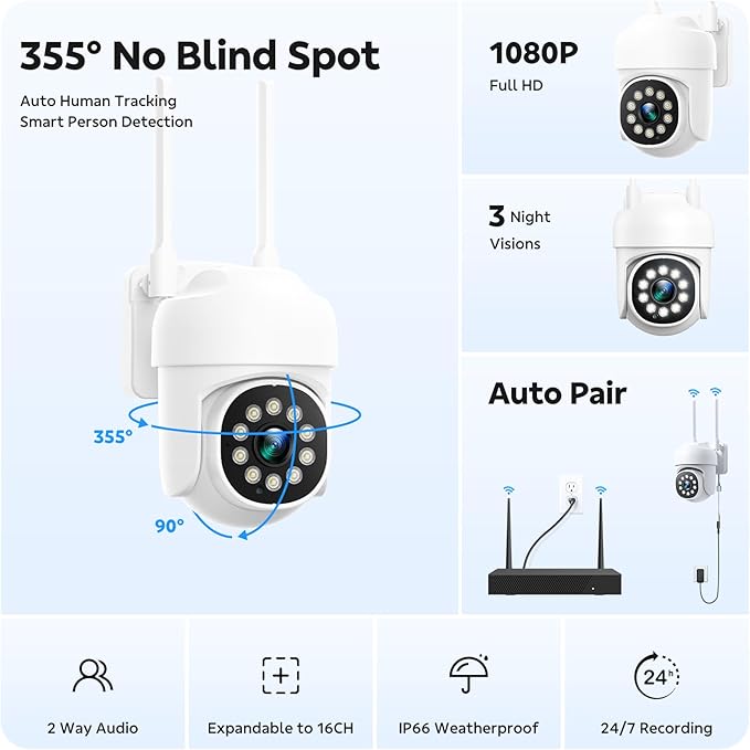 Wireless Security Camera System, CAMCAMP 24/7 Recording Security Cameras Wireless Outdoor 16CH NVR PTZ View 2.4G& 5G WiFi Auto Human Tracking Smart Color Night Vision for Home CCTV Surveillance Kit(8)